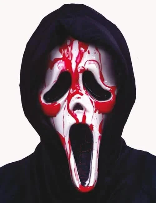 Masque sanglant Scream pour adulte blanc avec traces de sang rouges et cagoule noire