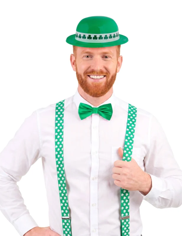 St. Patrick's Set mit Hut, Hosenträgern und Fliege grün