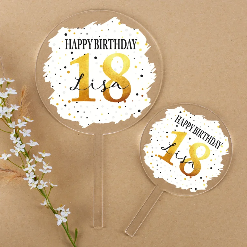 Personalisierter Acryl Tortentopper Geburtstag mit großer goldener Zahl und Name