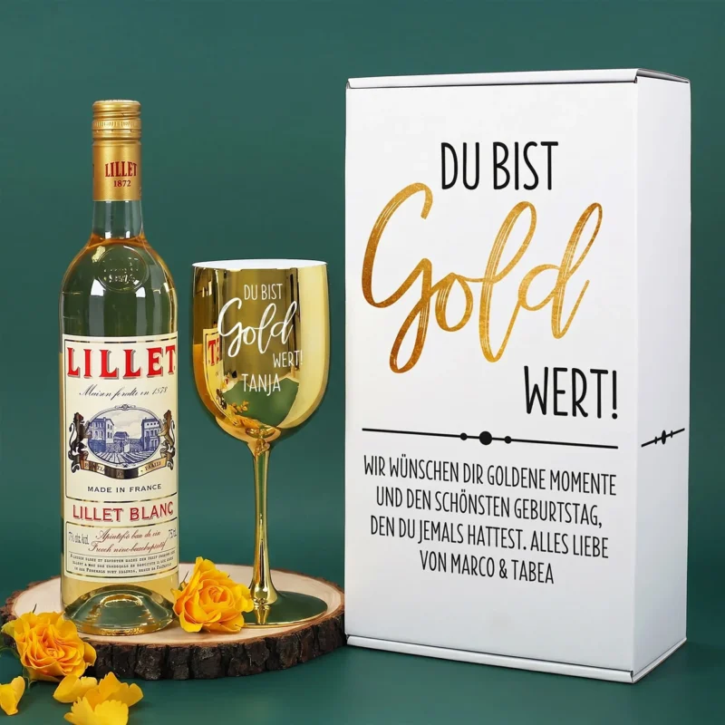 Du bist Gold wert! - Tolles Geschenkset mit Lillet Blanc und Trinkkelch in Gold mit Wunschnamen