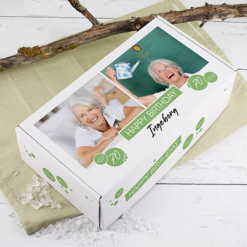 Geburtstagsgeschenk-Verpackung mit 2 Fotos, Name, Alter