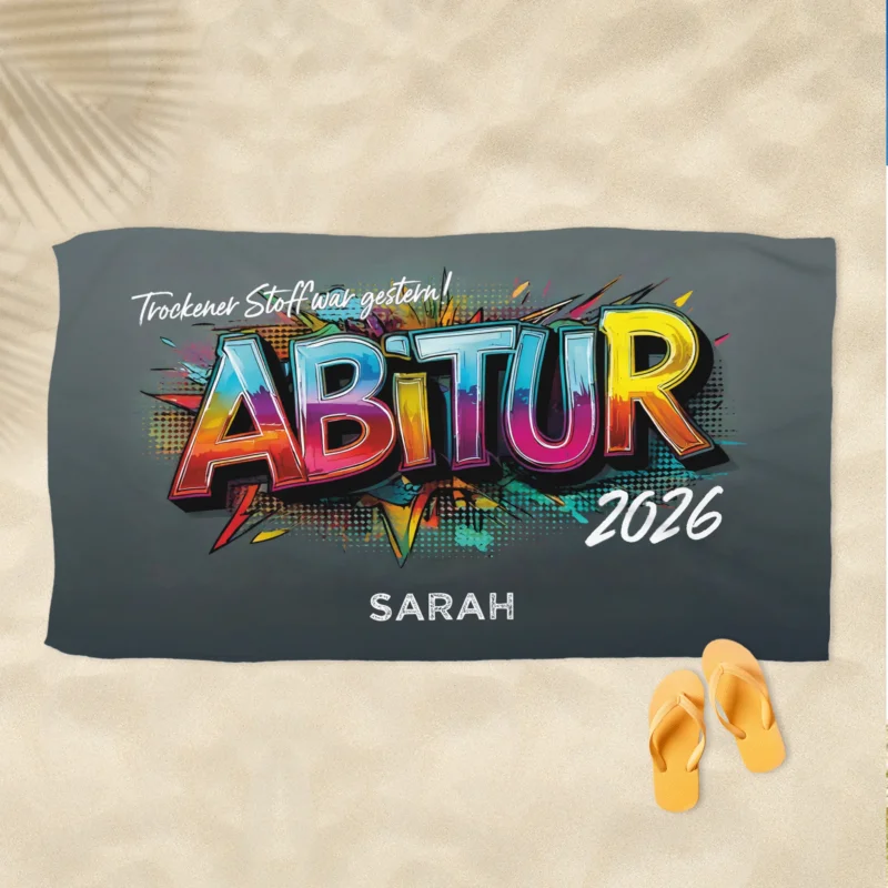 Personalisiertes Abitur-Handtuch mit buntem „ABITUR“-Graffiti-Schriftzug und Wunschtext, flach liegend dargestellt.