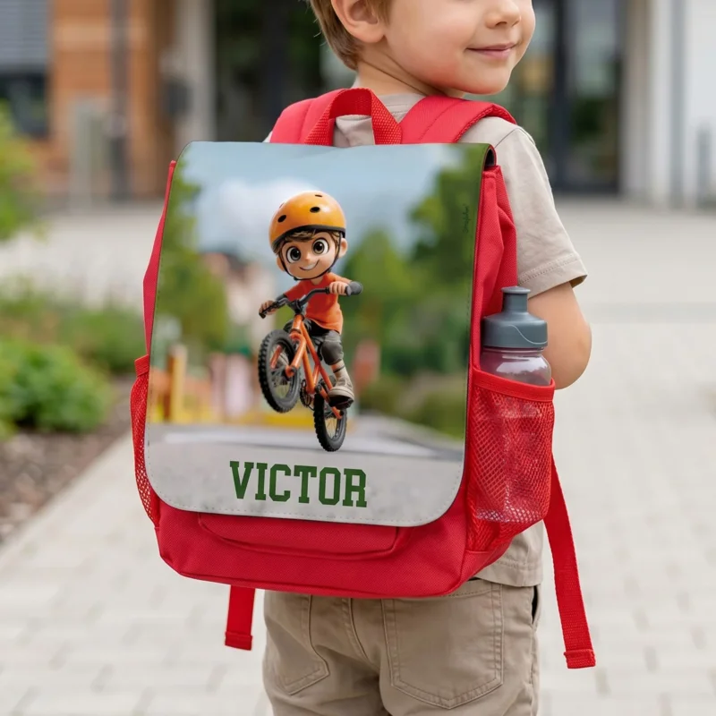 Personalisierter roter Kindergartenrucksack für Jungen mit Fahrrad-Motiv und Name Victor, getragen von einem Kind