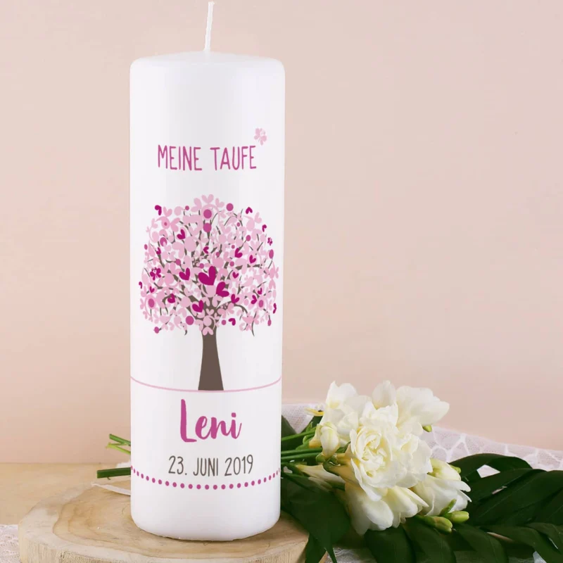 Taufkerze mit Lebensbaum in rosa, Name, Datum und Taufspruch