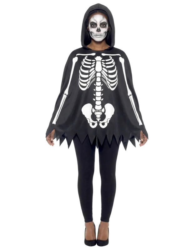 Poncho squelette pour adulte noir et blanc avec capuche