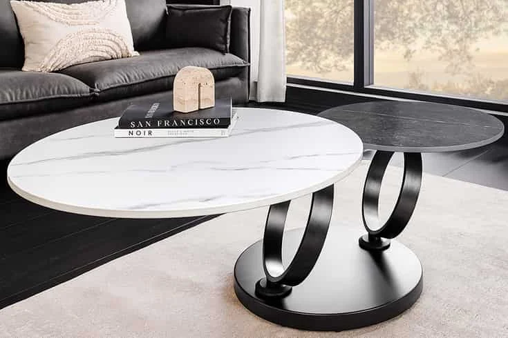 Couchtisch schwarz-weiß, Couchtisch ausziehbar rund, Durchmesser 80-134 cm