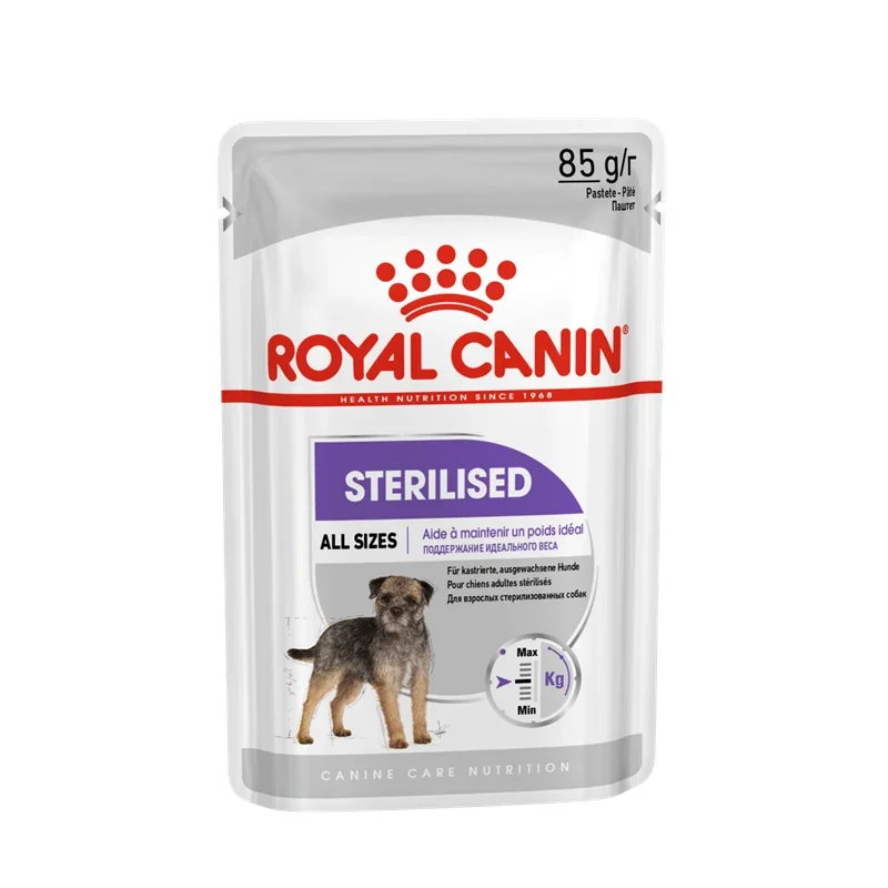 Royal Canin Sterilised wet dog food pouch for sterilized dogs of all sizes, 85g pasta texture
