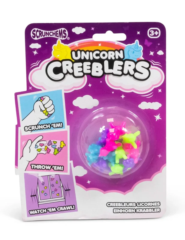 Vue de face de l'emballage des jouets licornes adhérentes Creeblers