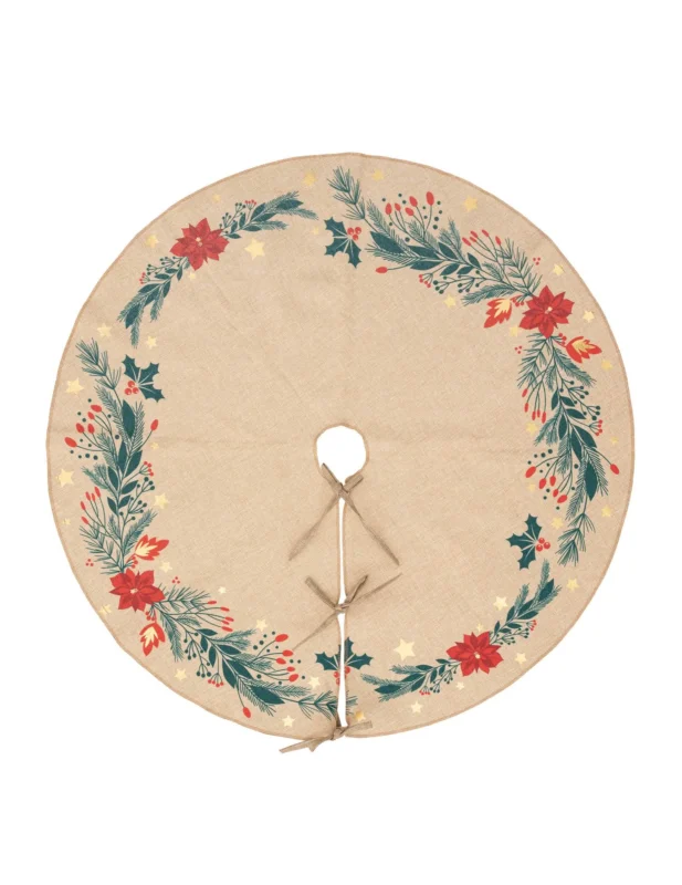 Tapis pour sapin poinsettia beige en polyester avec imprimés de houx et d'étoiles