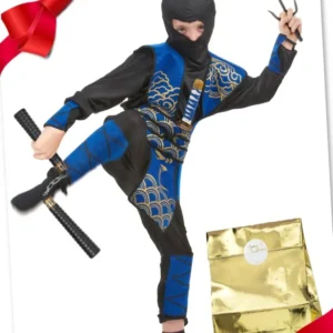 Ninja-Geschenke-Set für Kinder Krieger-Kostüm blau-schwarz