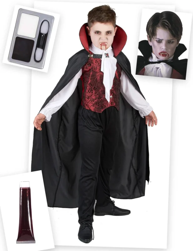 Vampir-Kostüm-Set für Kinder Halloween-Kostüm 6-teilig schwarz-rot-weiss