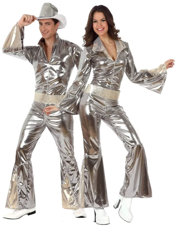 70er-Jahre Disco-Paarkostüm für Erwachsene Fasching silberfarben